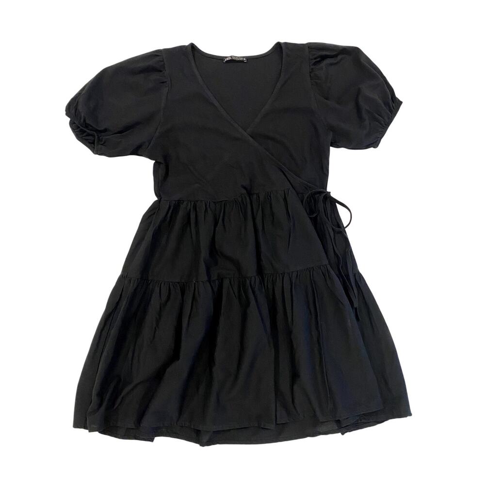 Cute Black Zara Dress Puff Sleeves, Faux Wrap, Side Tie Size M